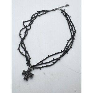 Black Multi Strand Seed Bead Cross Pendant Necklace Gothic Gunmetal